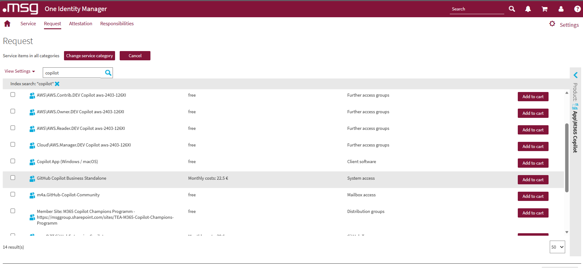 One Identity Manager — search for 'copilot' and select GitHub Copilot Business Standalone